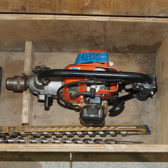 Echo 2 stroke powered drill with homemade box, handle, 3x drill bits