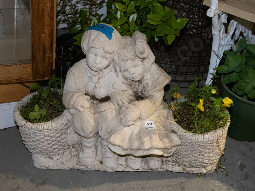 cast concrete garden ornament / jardiniere - seated children H460 W600 Image 1++