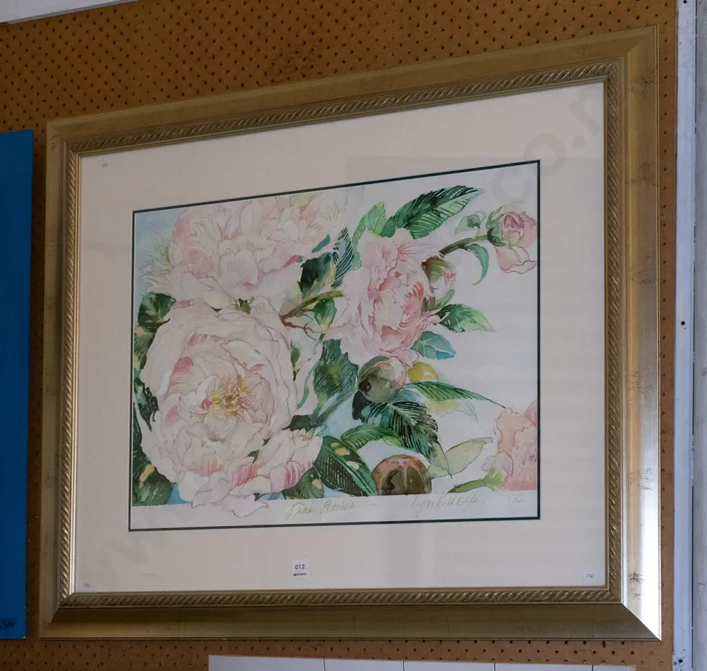 Lyn Kriegler 1992 - framed mixed media - pink peonies Image 1++
