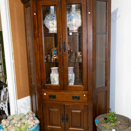 solid pine corner cabinet with bevelled edge glass side, 2x glass doors, 1 drawer, 2x solid doors H1805 D1050 W560
