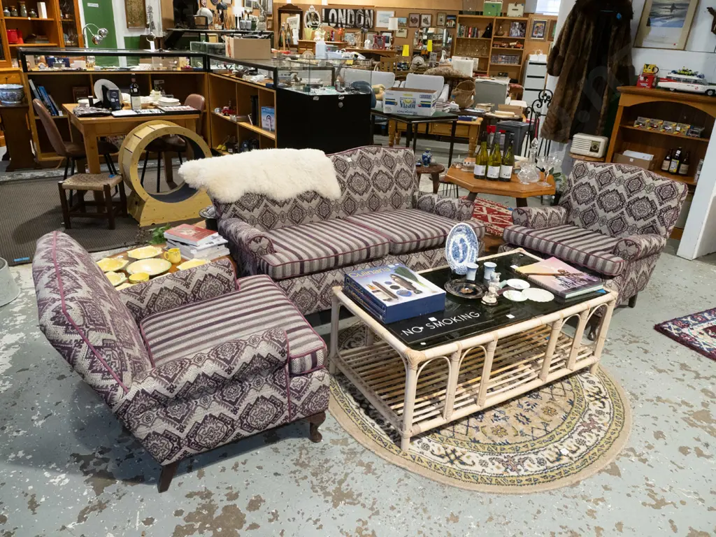 mid century 3 piece lounge suite - reupholstered in 2 types of purple pattern - 2x singles, 2 seater Image 1++
