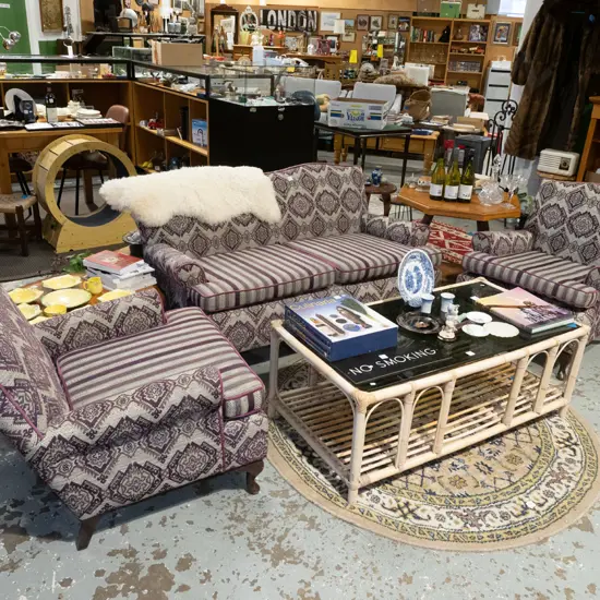 mid century 3 piece lounge suite - reupholstered in 2 types of purple pattern - 2x singles, 2 seater