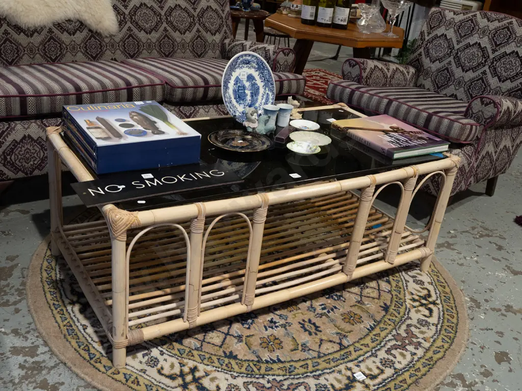 bamboo smoked glass coffee table with magazine rack Image 1++