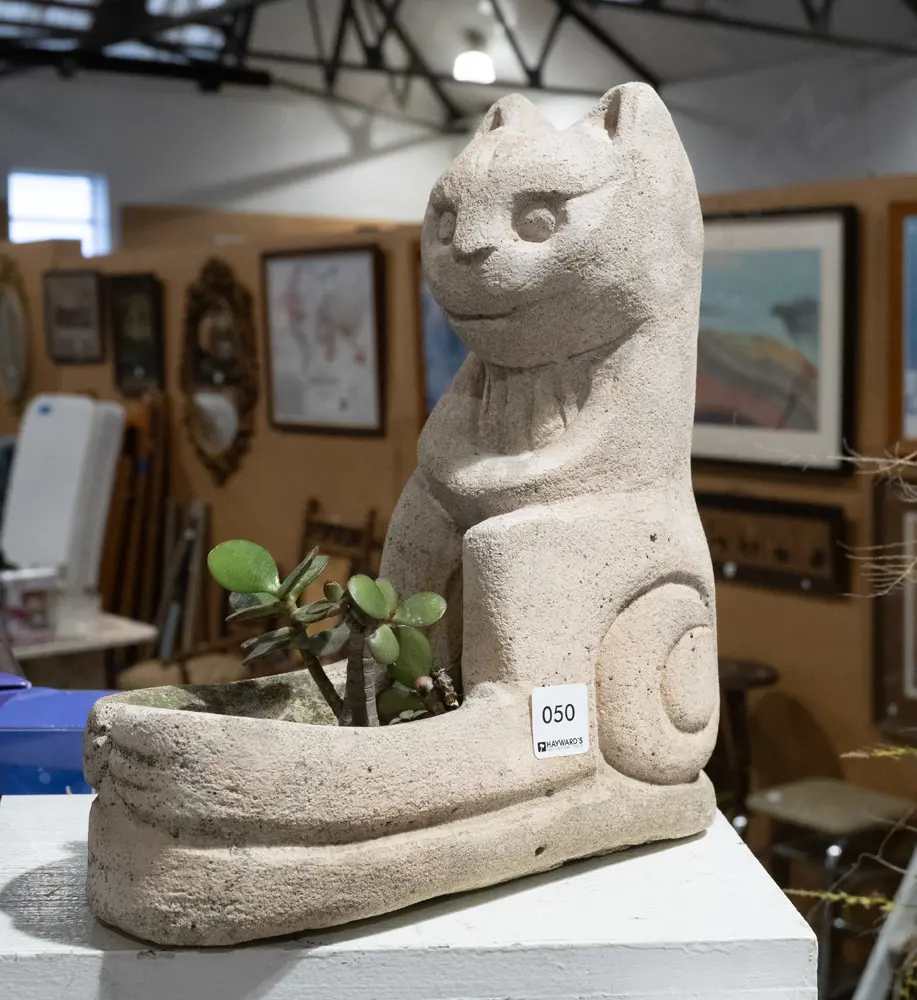 carved Oamaru stone cat themed garden planter H300 Image 1++
