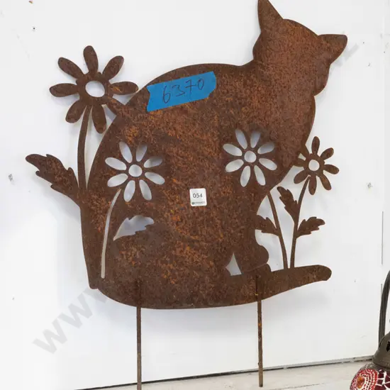 cat and flower themed cut out steel garden art