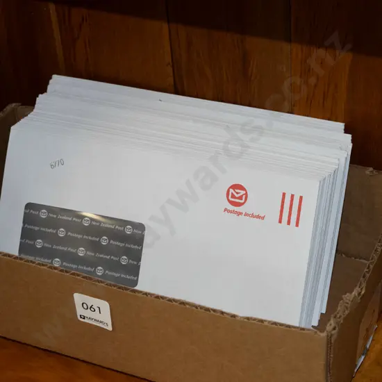 box; 100x pre paid envelopes