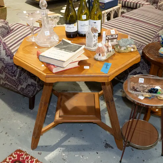 octagonal kauri 2 tier lamp table with hand carved legs - wobbly - needs attention H630 W700