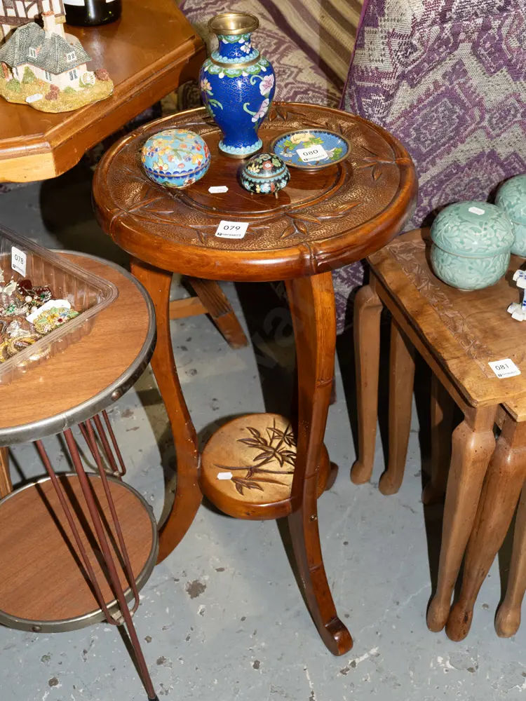carved wooden 2 tier jardiniere stand H600 Image 1++