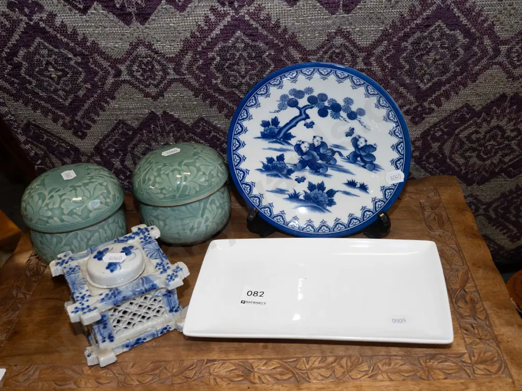 white dish, blue and white plate, 2x ceramic tea strainers etc Image 1++