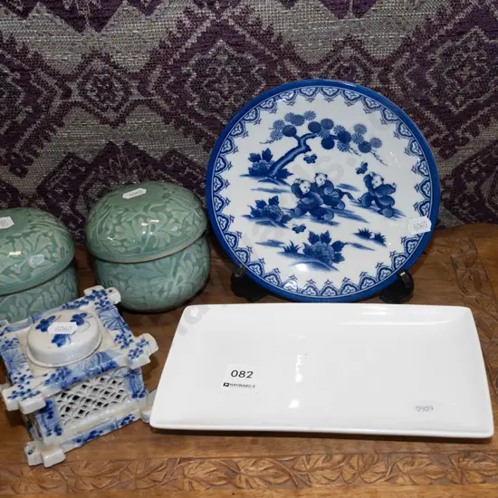 white dish, blue and white plate, 2x ceramic tea strainers etc