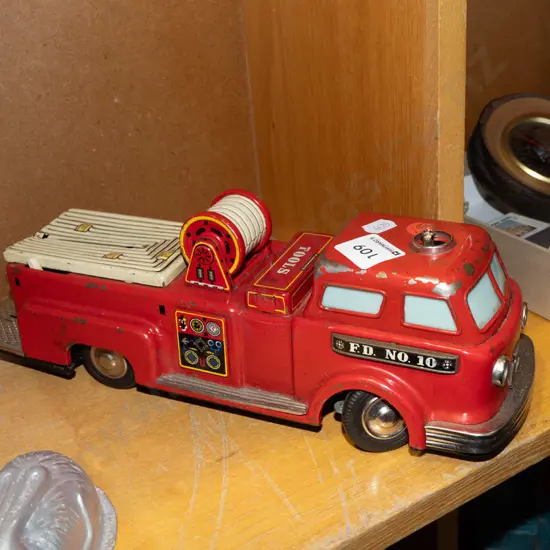Japanese retro tin toy fire truck, marked Linemar Toys Japan - some paint wear, missing red dome from cab, would likely