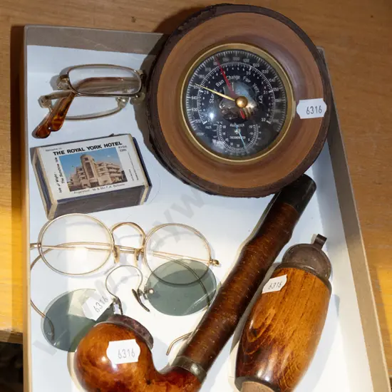 tray; pipe, vintage spectacles, barometer etc