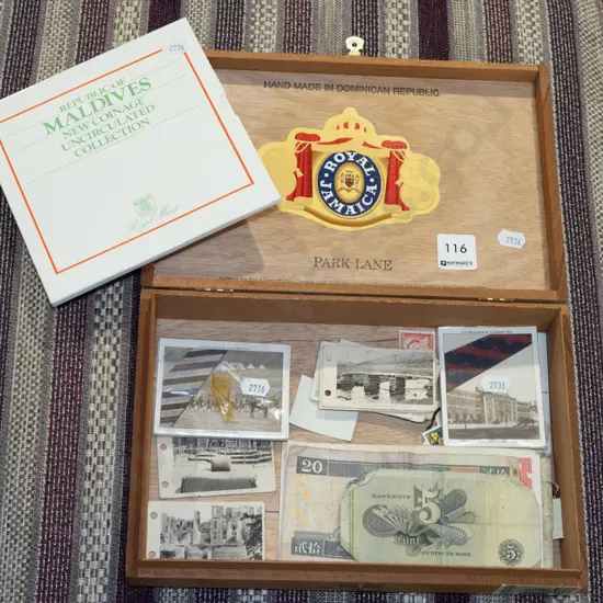 cigar box, coins, notes, collector cards