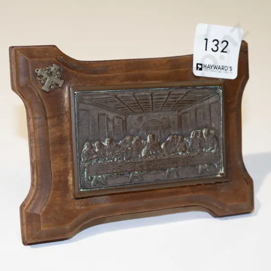 cast brass plaque on wooden stand - last supper