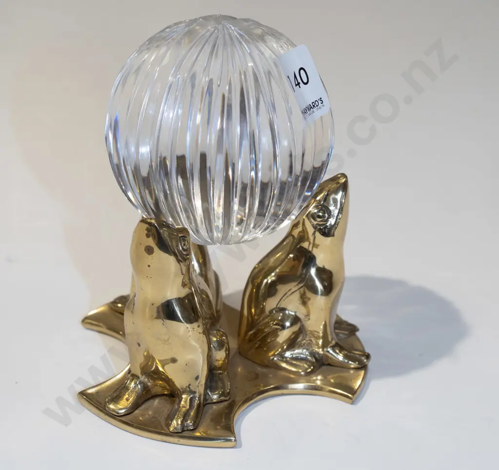 heavy cut glass orb on brass frog base H140 Image 1++