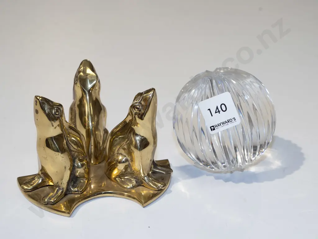 heavy cut glass orb on brass frog base H140 Image 1++