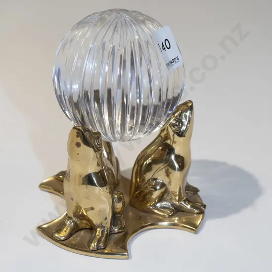 heavy cut glass orb on brass frog base H140
