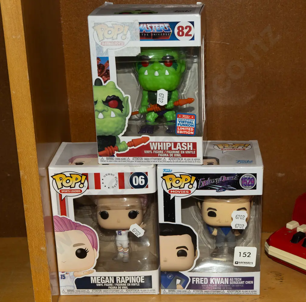 3x boxed Pop Figurines; Whiplash, Megan Rapinoe, Fred Kwan Image 1++