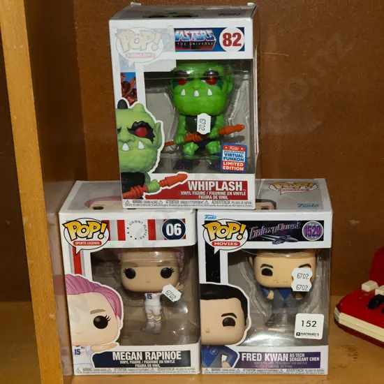 3x boxed Pop Figurines; Whiplash, Megan Rapinoe, Fred Kwan