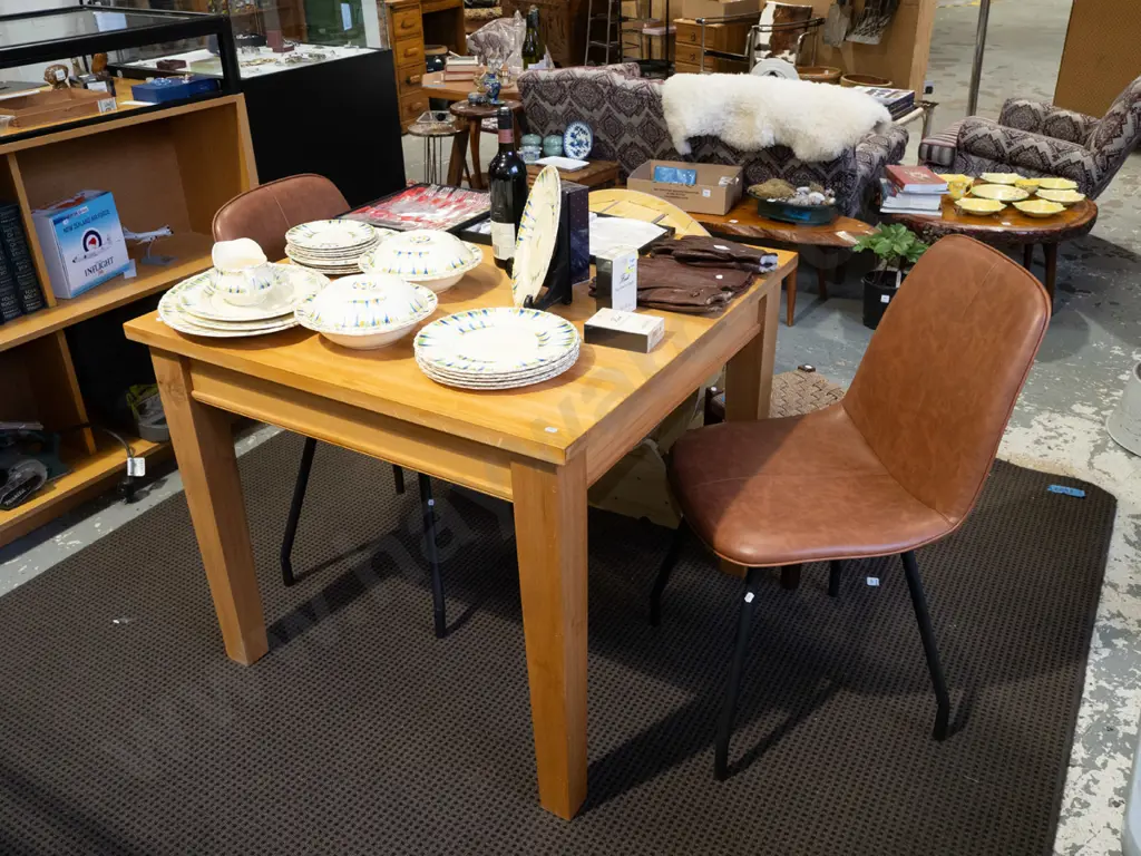 solid rimu square table with 1 drawer and 2 matching brown vinyl chairs H760 W900 D900 Image 1++