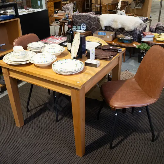 solid rimu square table with 1 drawer and 2 matching brown vinyl chairs H760 W900 D900