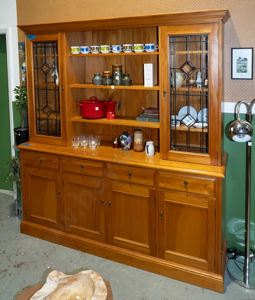 solid kauri wall unit with 2x leadlight doors, 4x solid wood doors, 4x drawers Image 1++