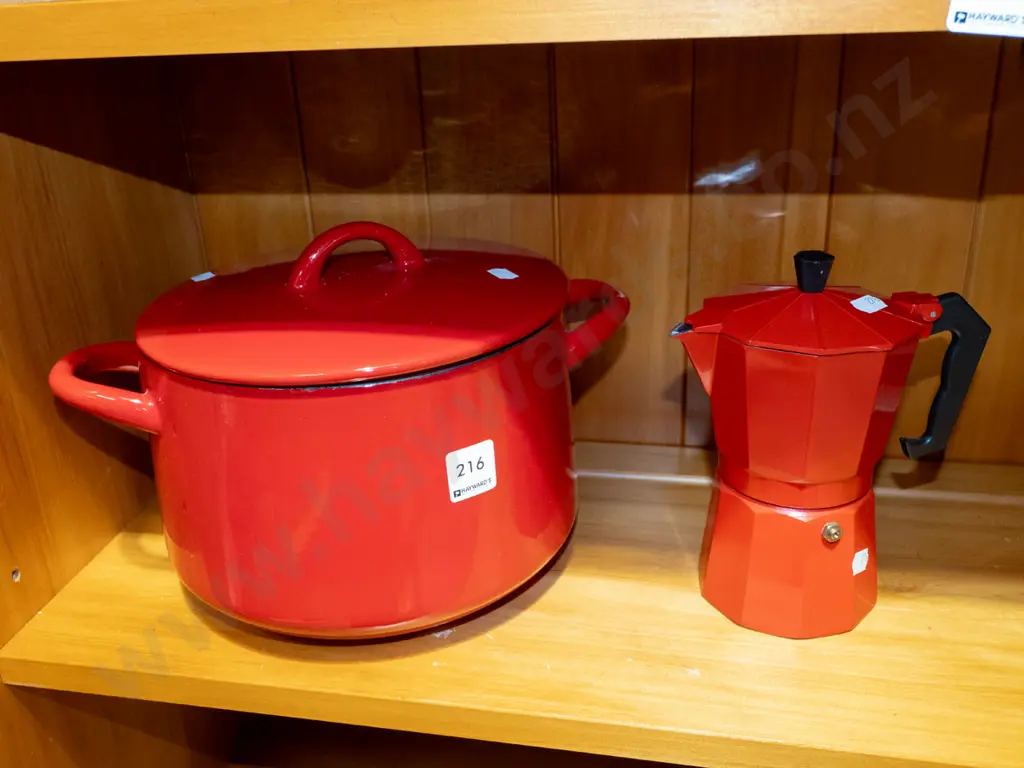 red enamel lidded casserole and stove top espresso maker Image 1++