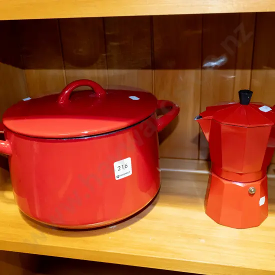 red enamel lidded casserole and stove top espresso maker
