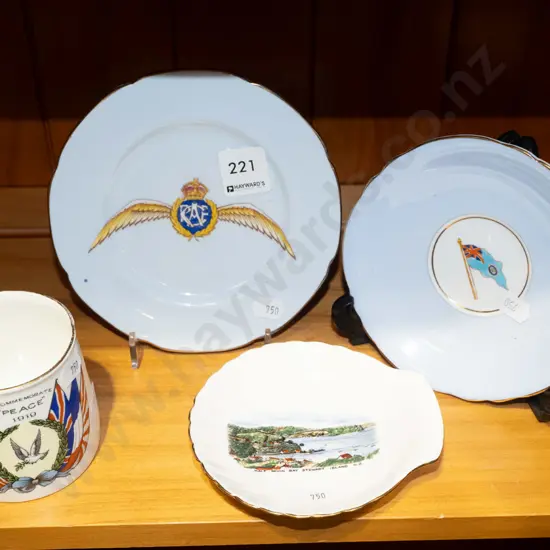 WWI patriotic plate, saucer, peace mug, scallop shell ashtray