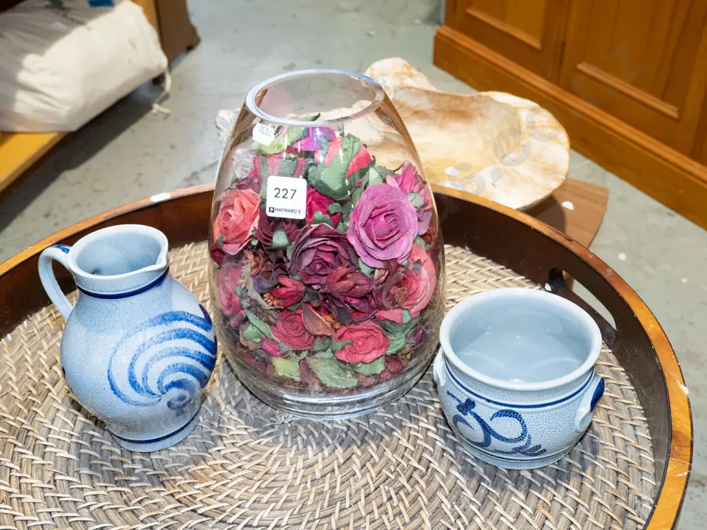 glass vase with faux flowers, Marzi and Remy salt glazed jug and bowl Image 1++