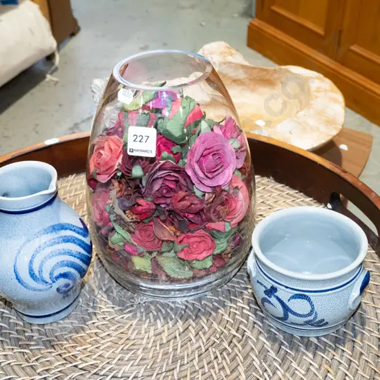 glass vase with faux flowers, Marzi and Remy salt glazed jug and bowl