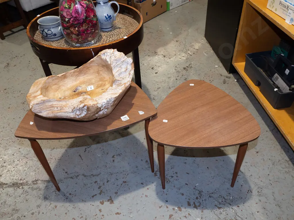 pair of mid century formica top tables - triangle shaped Image 1++