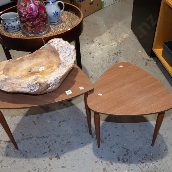pair of mid century formica top tables - triangle shaped