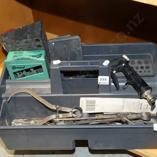 plastic tool tray; hose attachment, drill bits, calipers etc