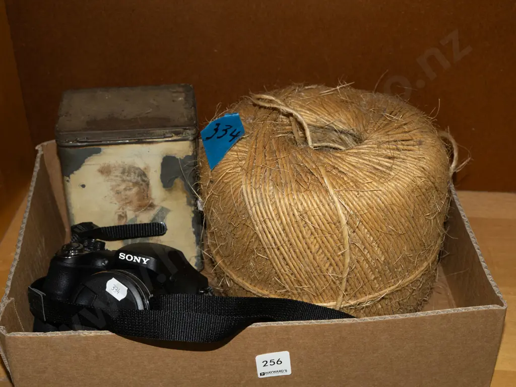 box; Sony digital camera, vintage tin, ball of twine Image 1++