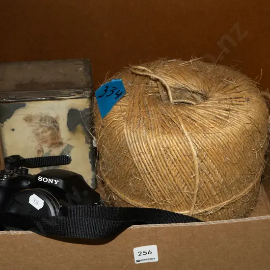 box; Sony digital camera, vintage tin, ball of twine