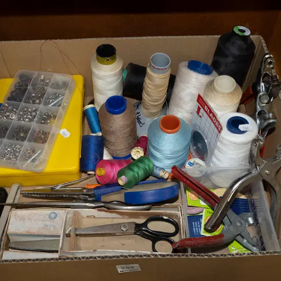 box of sewing accessories; pinking shears etc