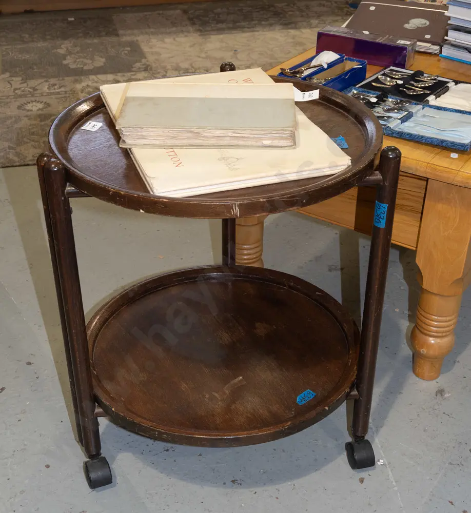 mahogany circular tea trolley on casters - removable tray Image 1++