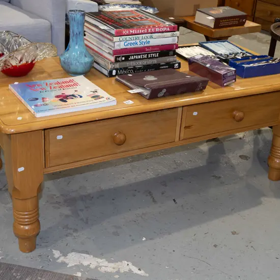 rimu turned leg 2 drawer coffee table H480 W1230 D570