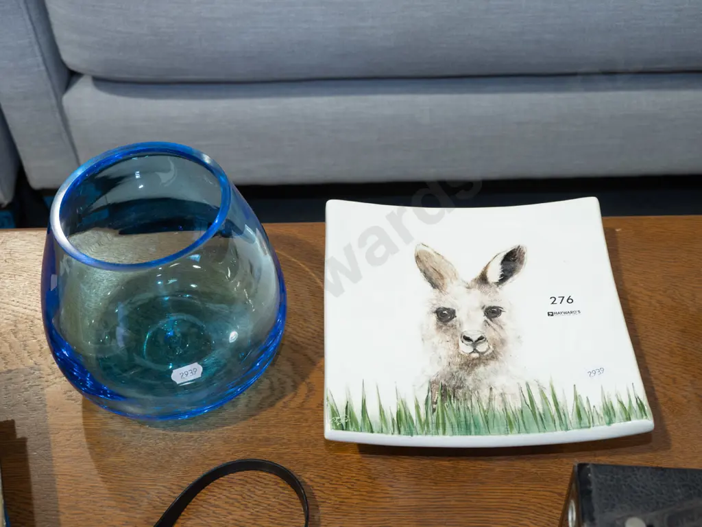 blue glass vase, footed hand painted alpaca plate Image 1++