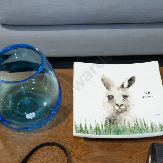 blue glass vase, footed hand painted alpaca plate
