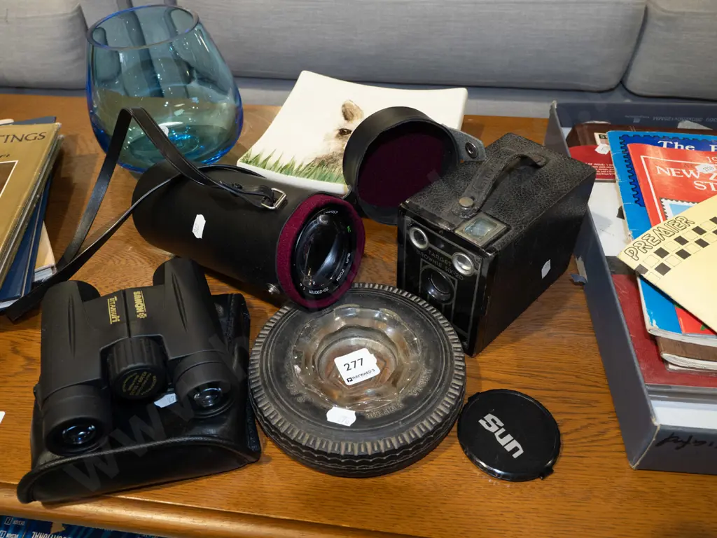 boxed Brownie camera, binoculars, lens in case, tyre ashtray Image 1++