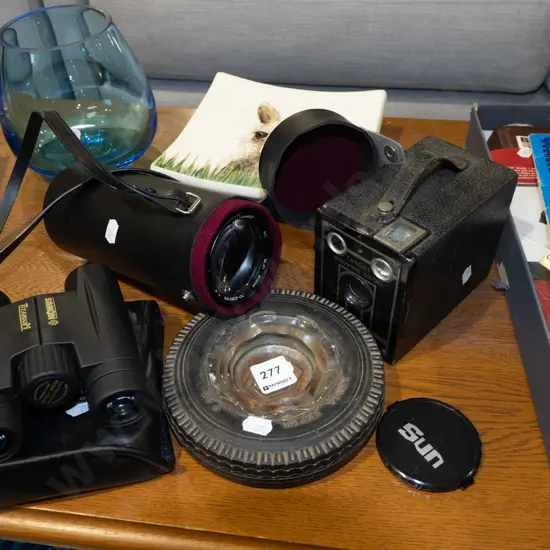 boxed Brownie camera, binoculars, lens in case, tyre ashtray