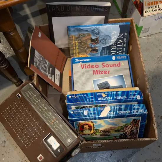 box; Captain Cook puzzles, video sound mixer, books etc
