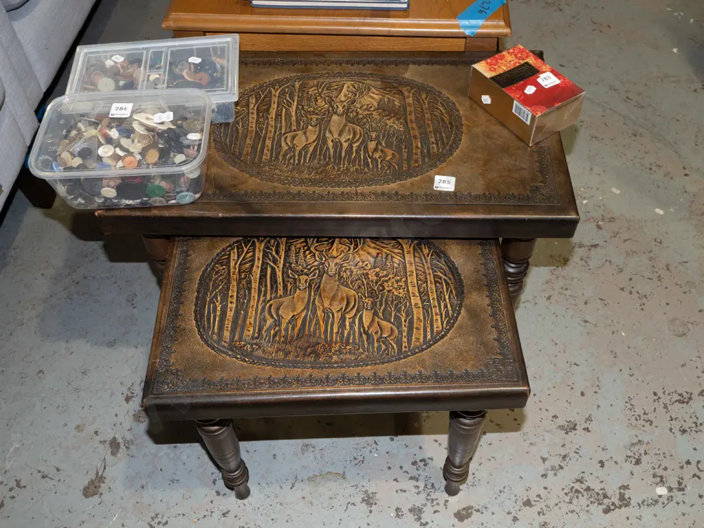 2x turned leg tooled leather top tables Image 1++