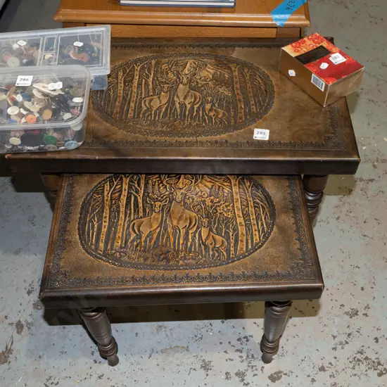 2x turned leg tooled leather top tables