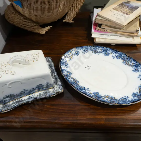 flow blue cheese cover dish, ashet - crazing