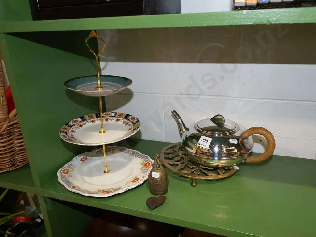 plated teapot, brass stand, cake plate etc Image 1++