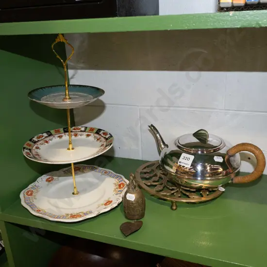 plated teapot, brass stand, cake plate etc