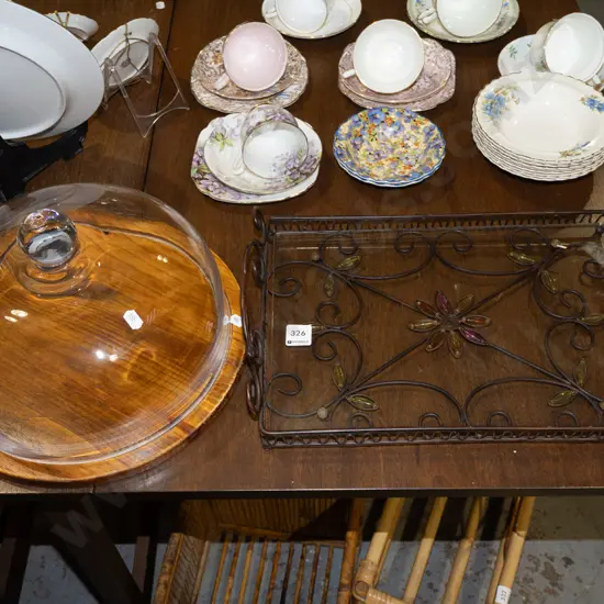 glass cover dome, wooden tray and metal and glass serving tray